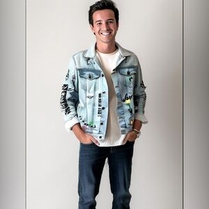 BROOKLYN CLOTH SIZE L BLUE DENIM‎ JEAN JACKET GRAFFITI NEW YORK ALIEN ROSE